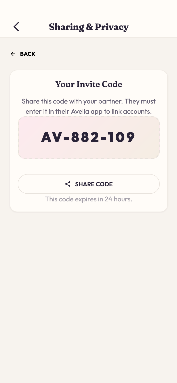 Avelia partner invite code screen