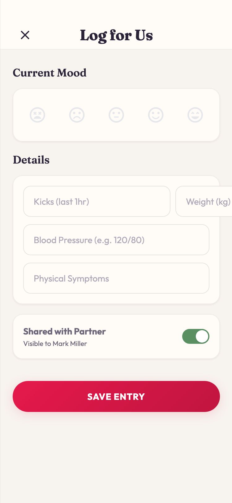 Avelia quick log entry with mood and sharing toggle