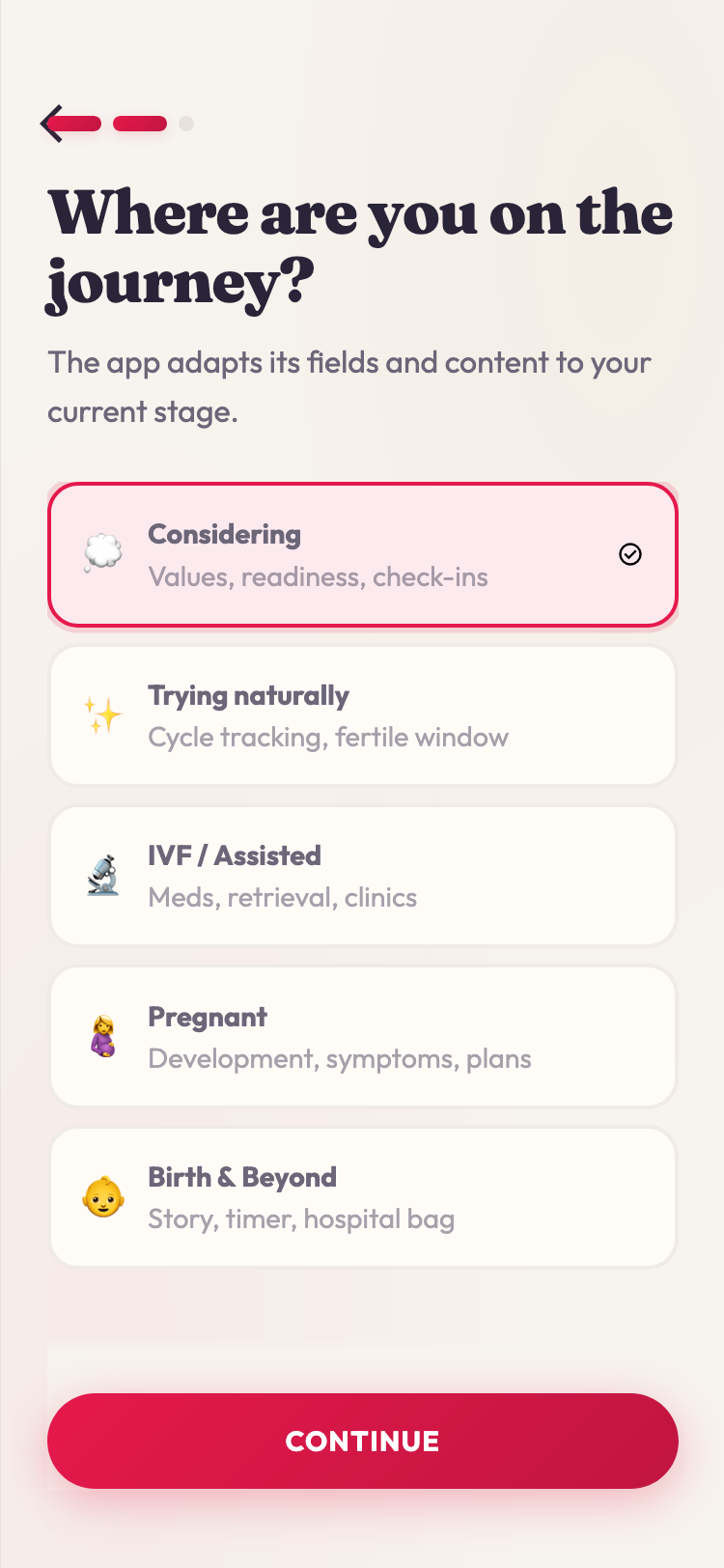 Avelia onboarding stage selection