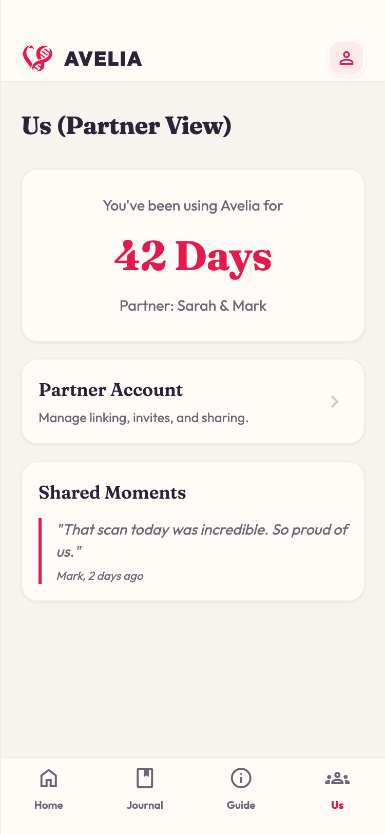 Avelia partner view showing shared moments