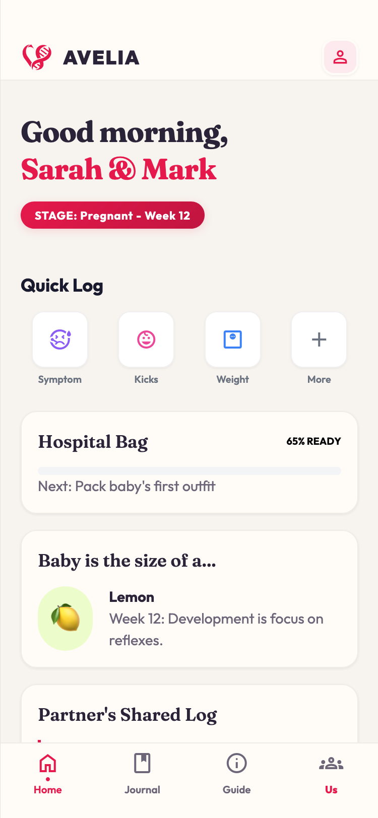 Avelia pregnant dashboard with hospital bag tracker